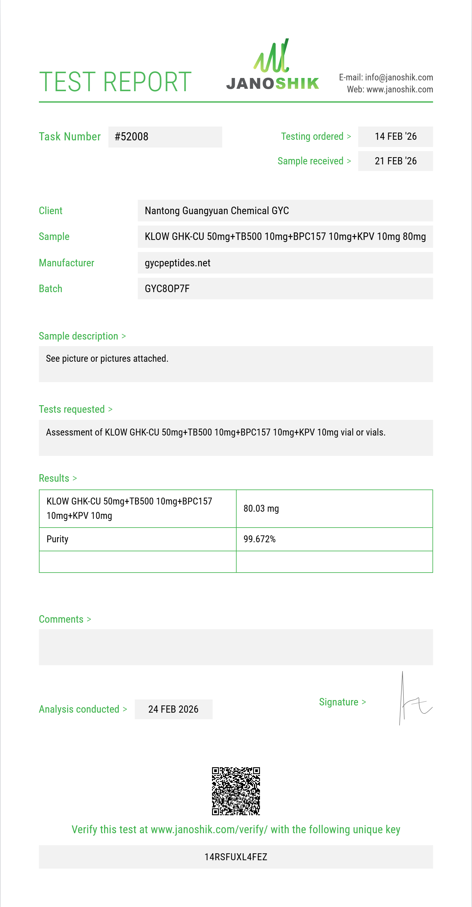 KLOW Blend Janoshik test report