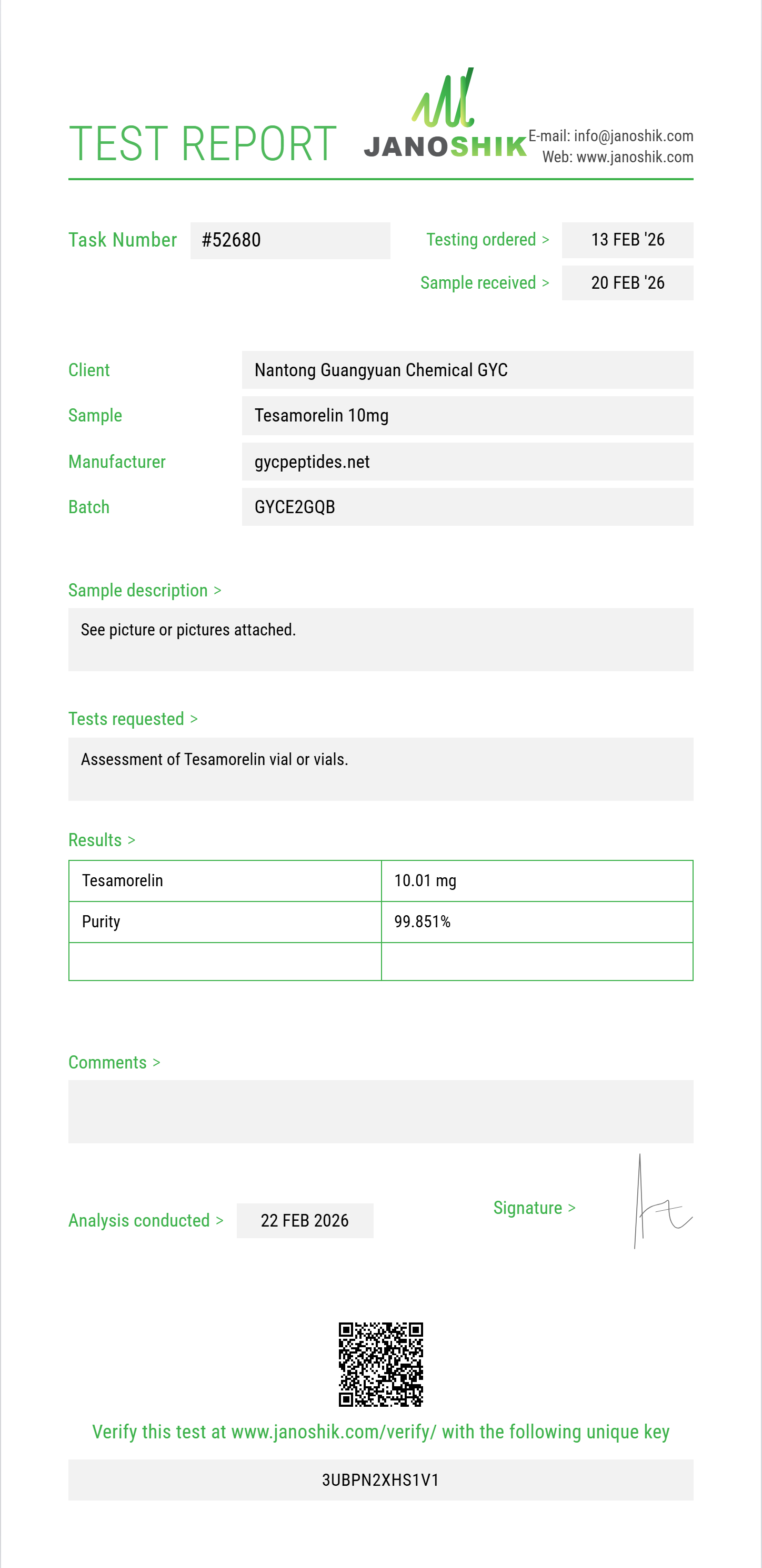 Tesamorelin Janoshik test report