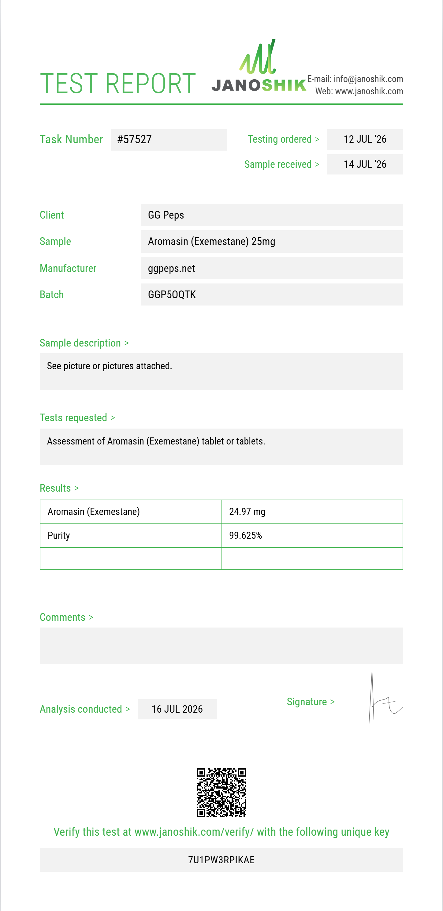 Aromasin (Exemestane) Purity (HPLC) report by Janoshik Analytical