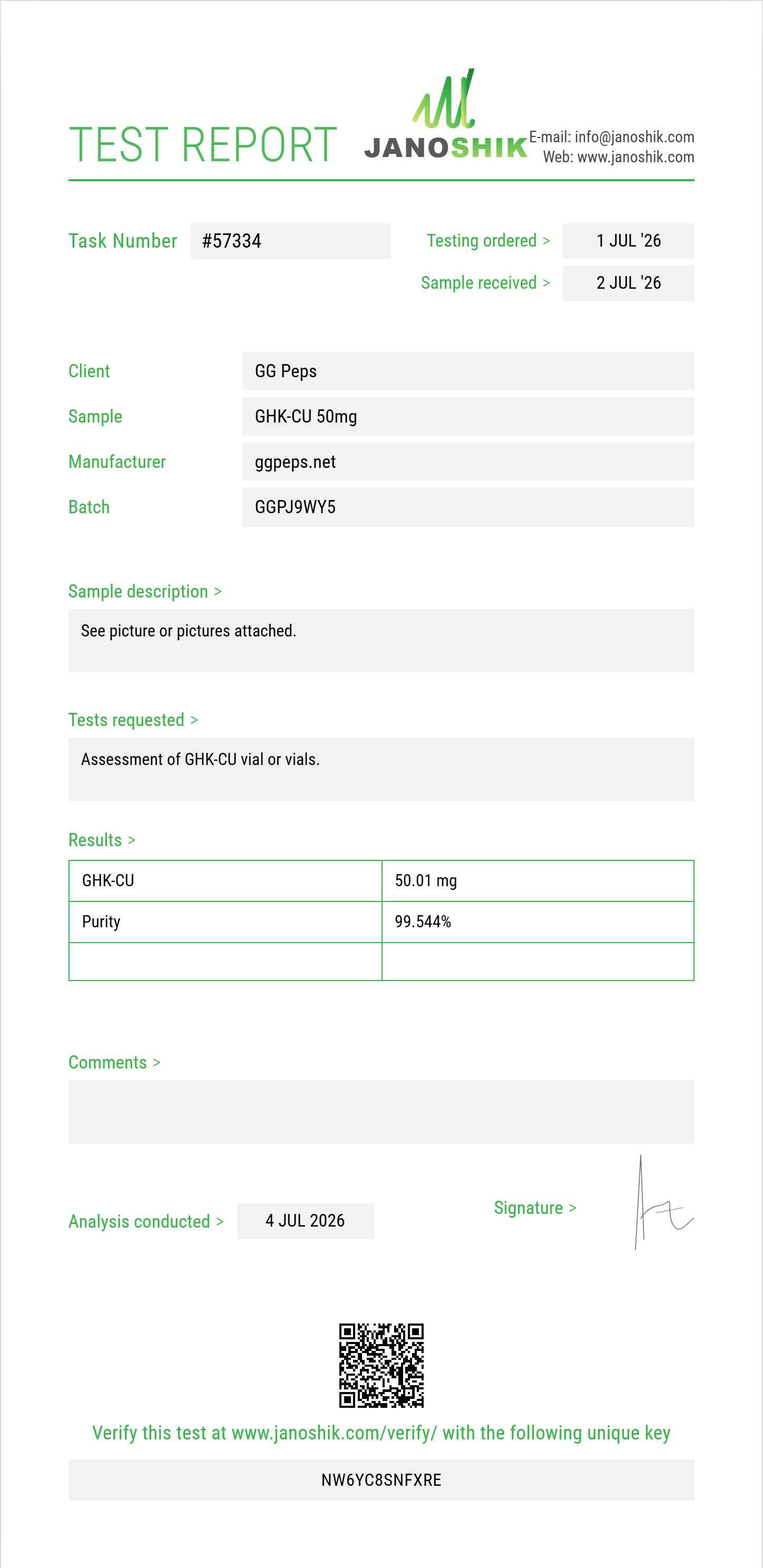 GHK-CU Purity (HPLC) report by Janoshik Analytical