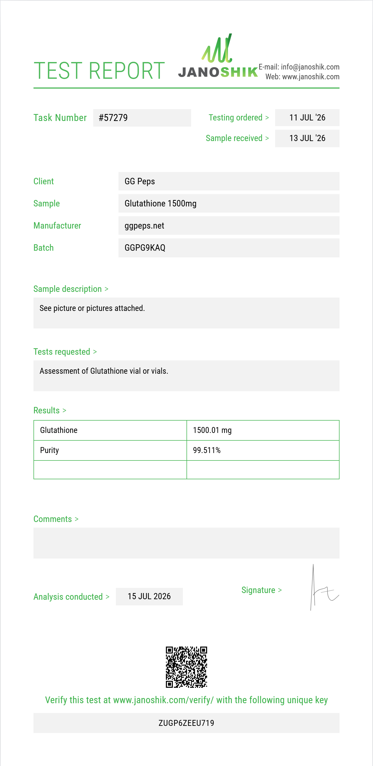 Glutathione Purity (HPLC) report by Janoshik Analytical