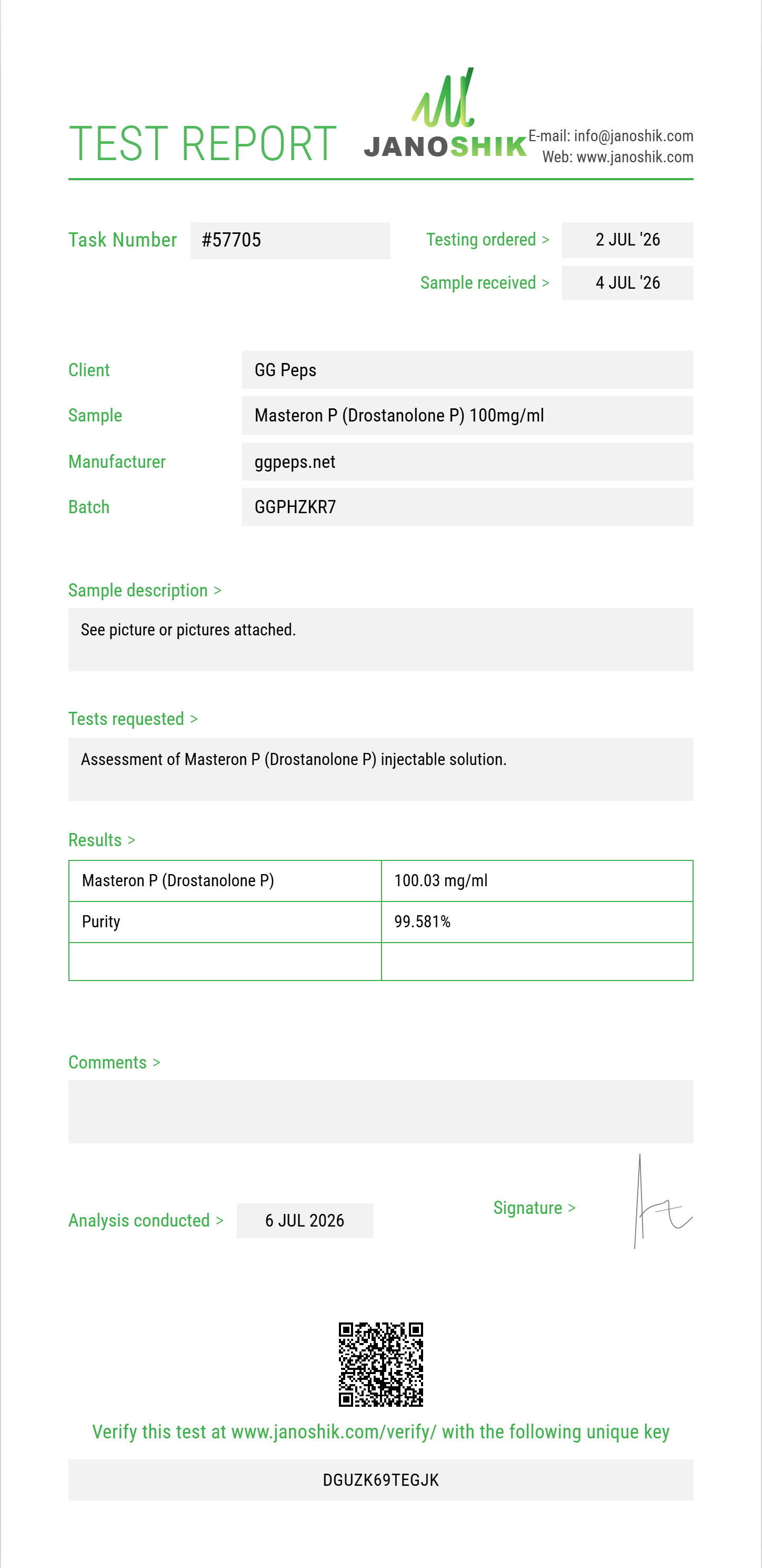 Masteron P (Drostanolone P) Purity (HPLC) report by Janoshik Analytical
