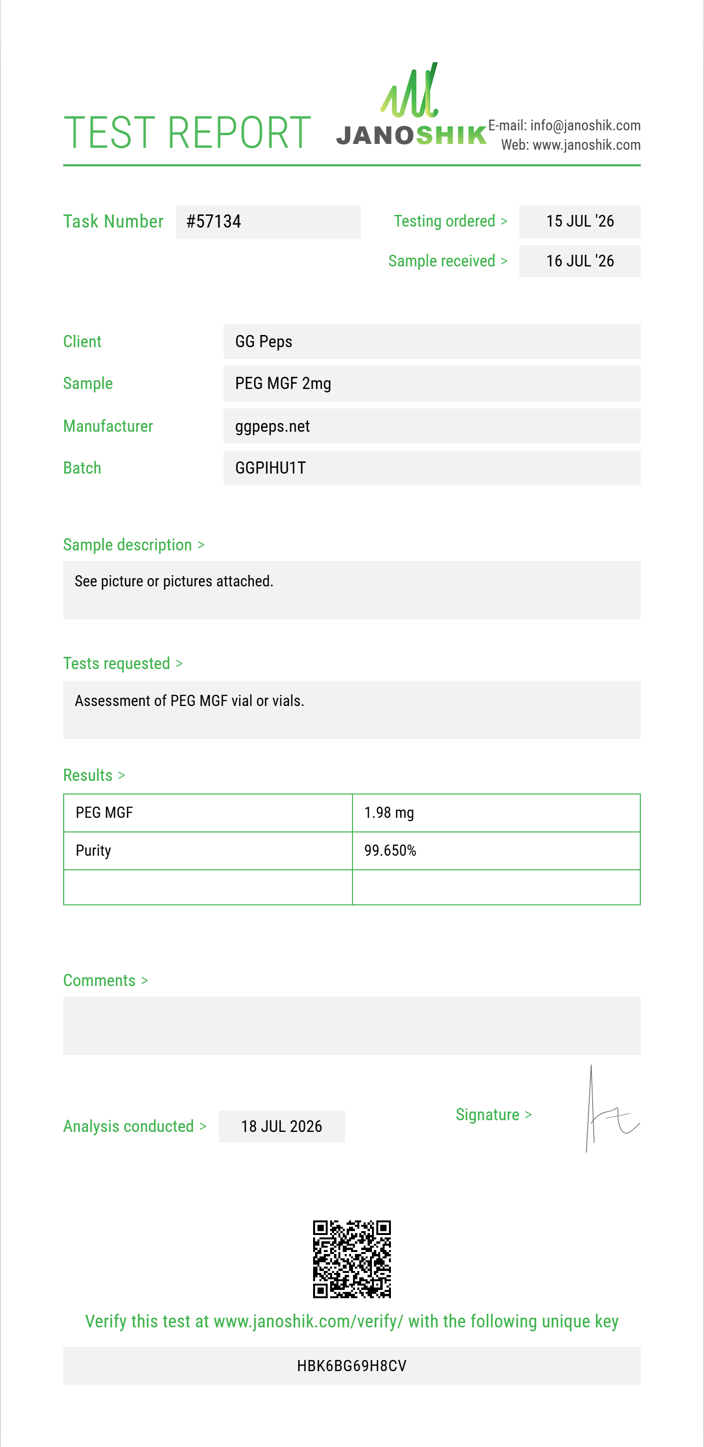 PEG MGF Purity (HPLC) report by Janoshik Analytical