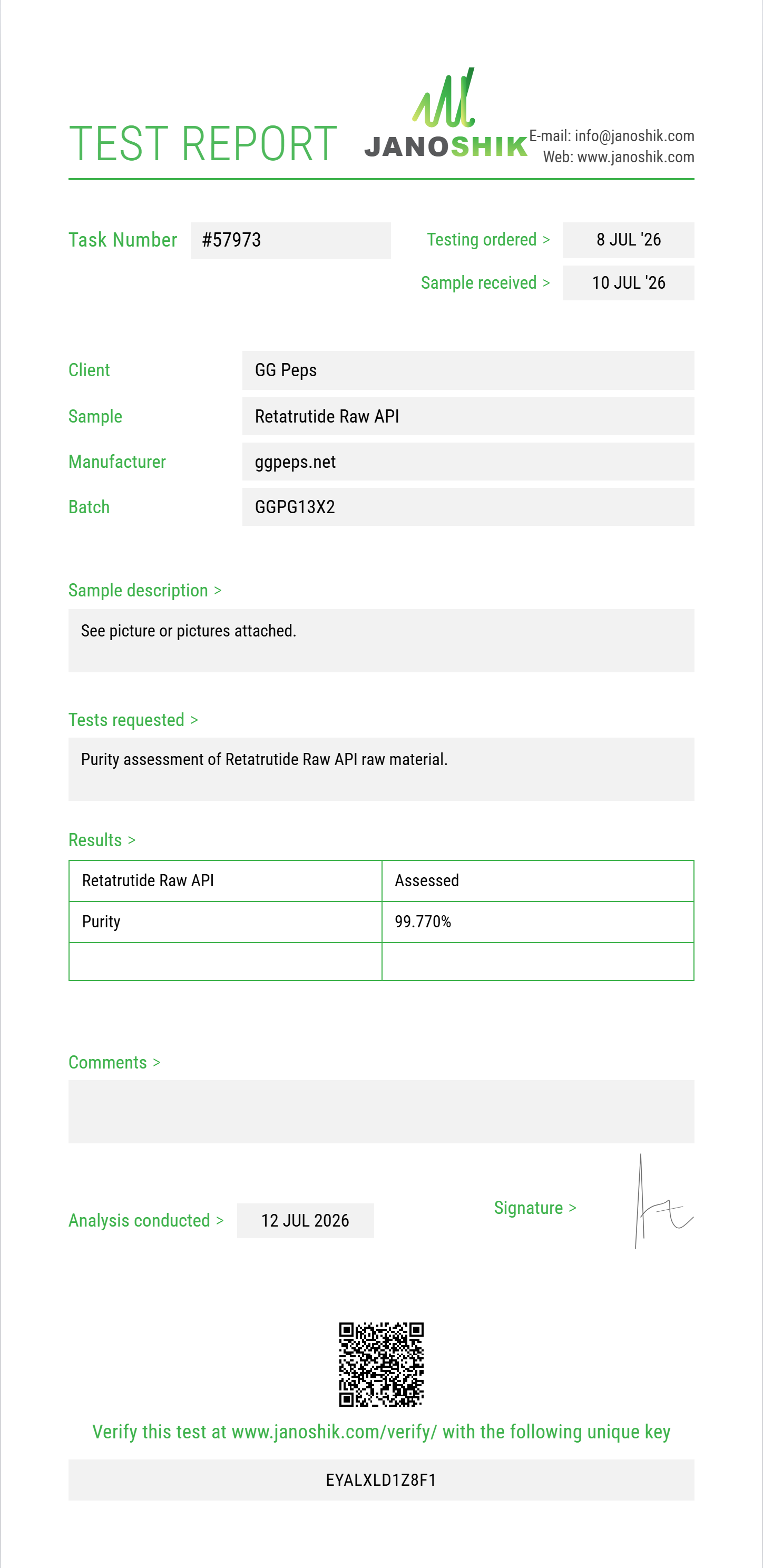 Retatrutide Raw Purity (HPLC) report by Janoshik Analytical