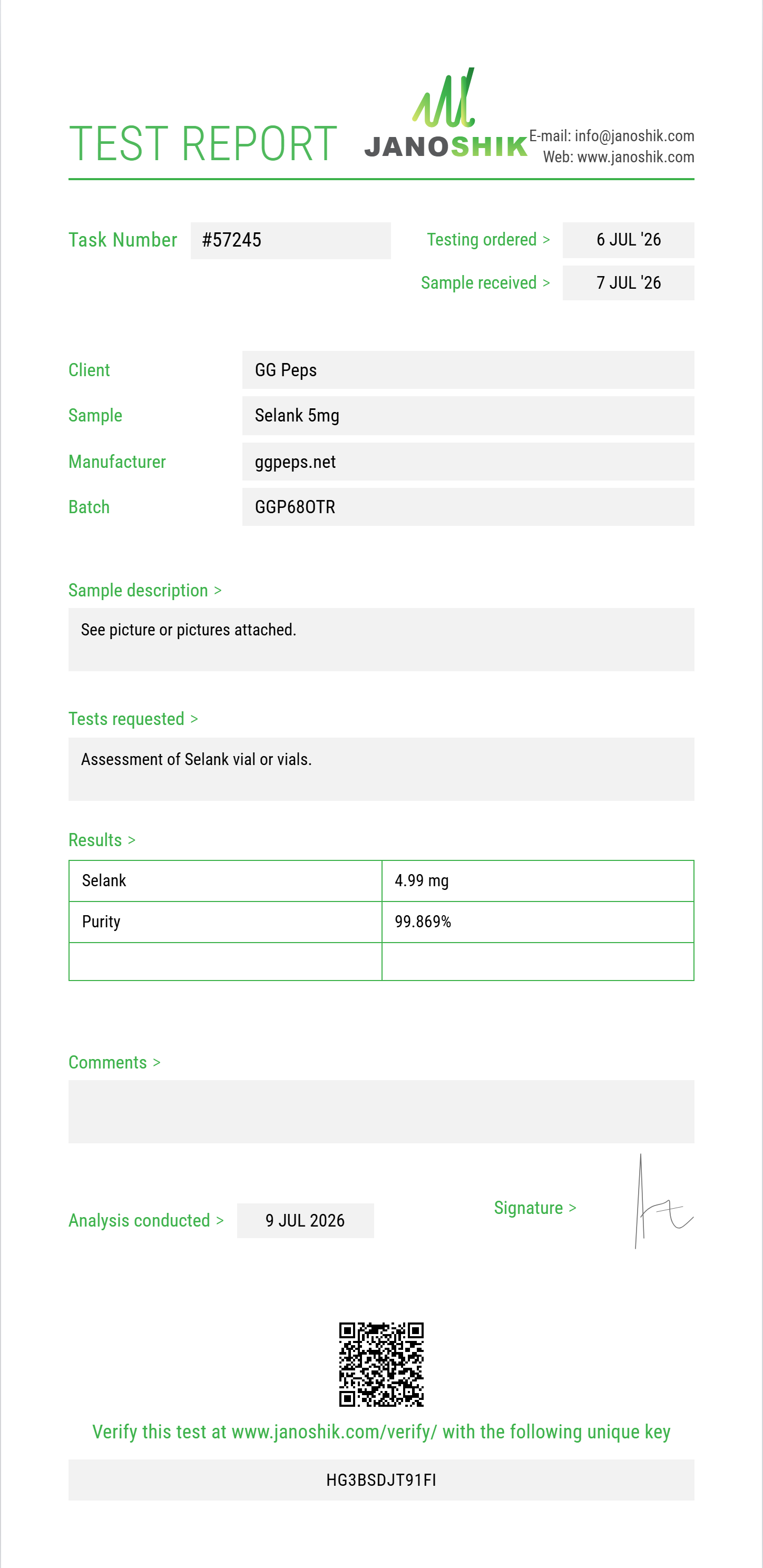 Selank Purity (HPLC) report by Janoshik Analytical