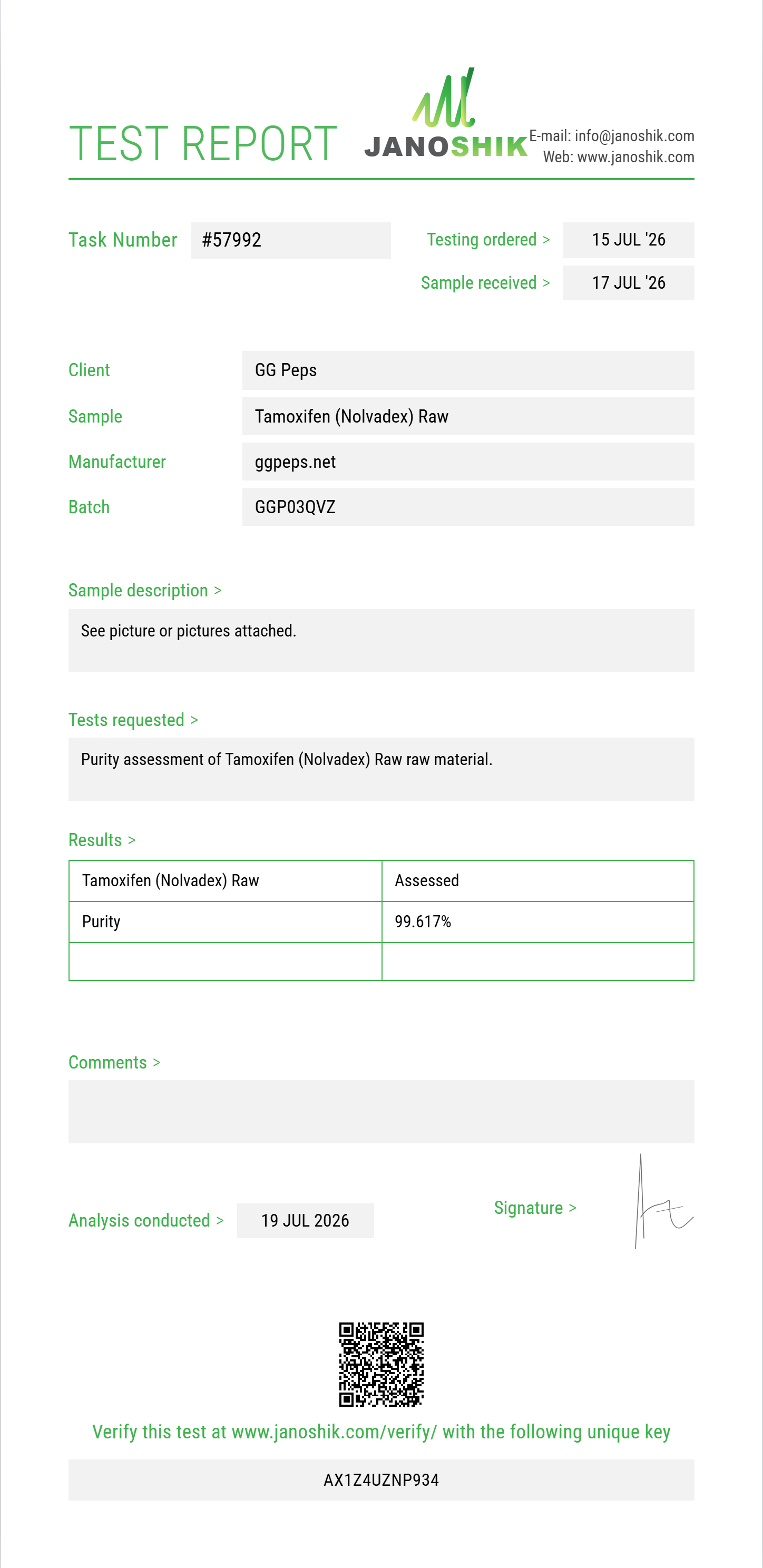 Tamoxifen (Nolvadex) Raw Purity (HPLC) report by Janoshik Analytical