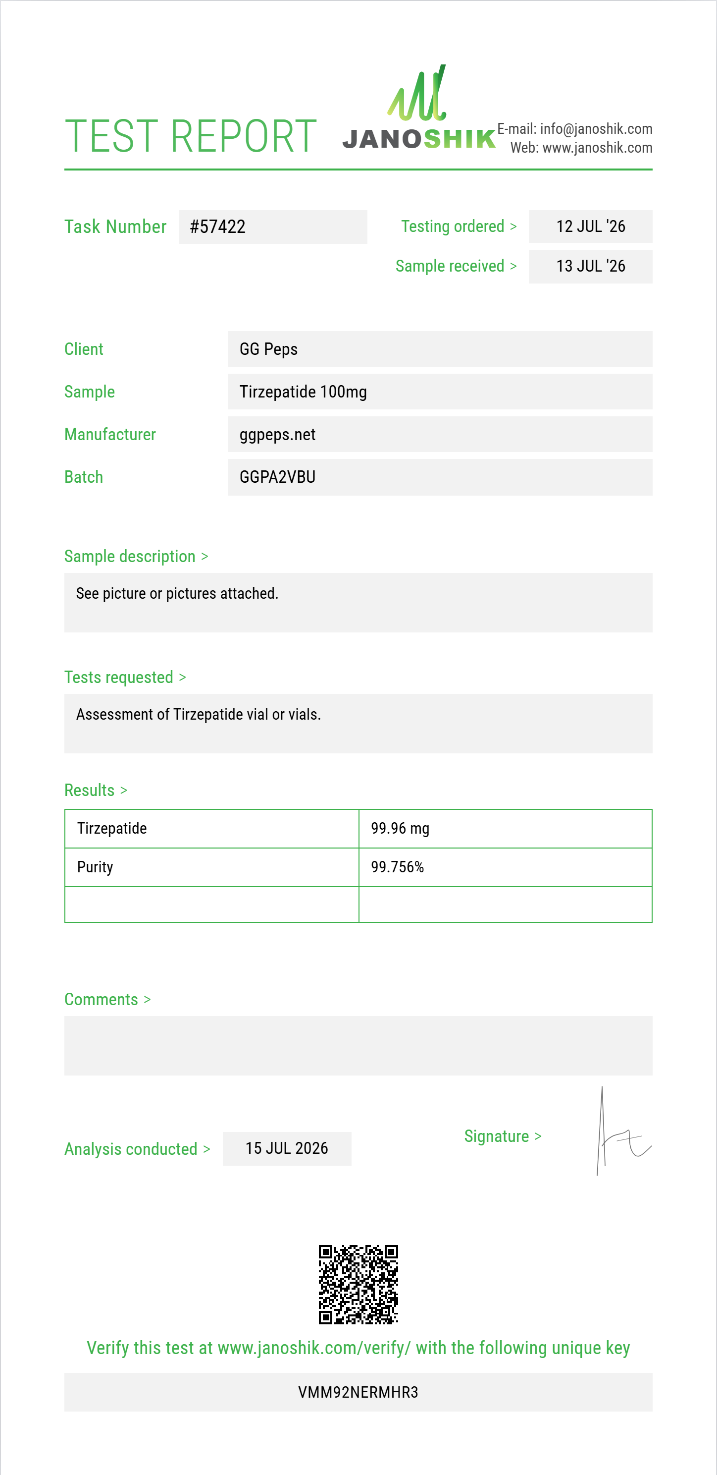 Tirzepatide Purity (HPLC) report by Janoshik Analytical