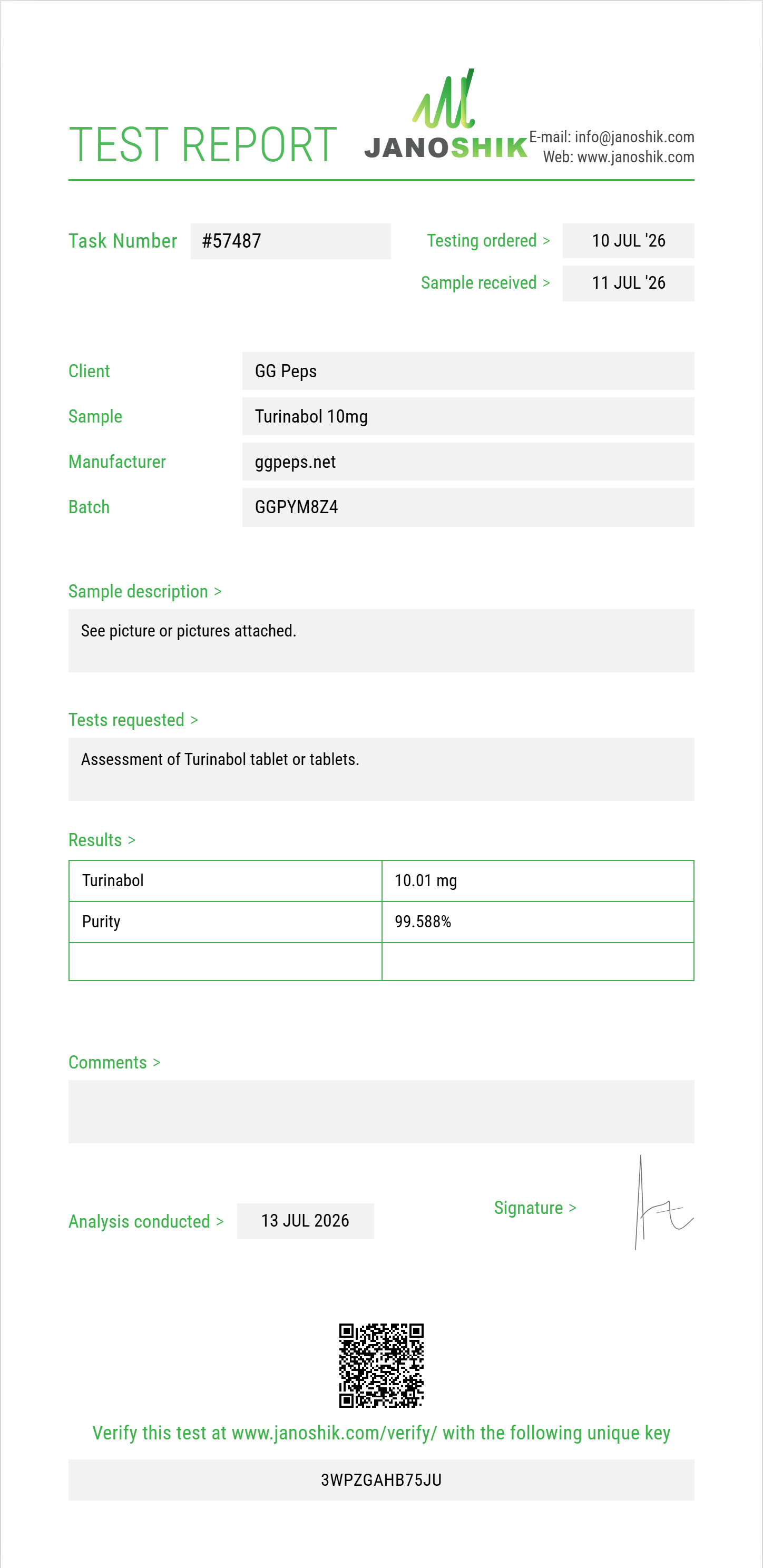 Turinabol Purity (HPLC) report by Janoshik Analytical