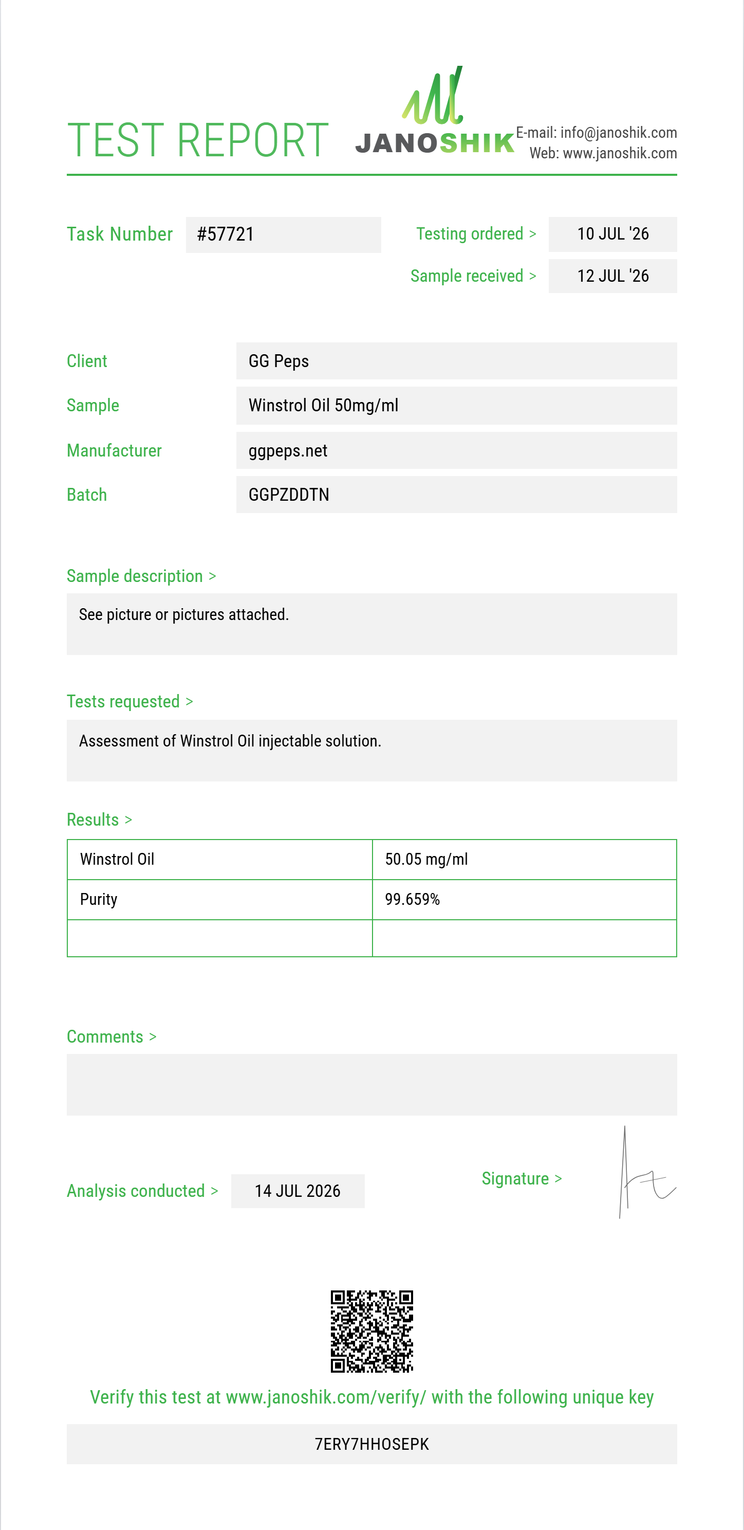 Winstrol Oil Purity (HPLC) report by Janoshik Analytical