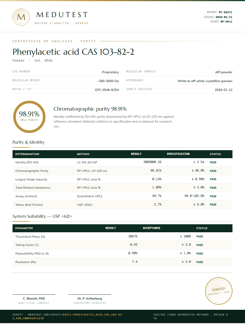 Phenylacetic acid CAS 103-82-2 Purity (HPLC) report by Medutest