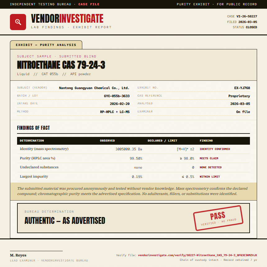 Nitroethane CAS 79-24-3 Purity (HPLC) report by VendorInvestigate