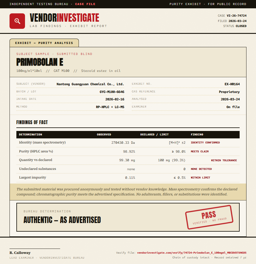 Primobolan E Purity (HPLC) report by VendorInvestigate